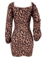 Leopard Print Bubble Sleeve Mini Dress YH-6017