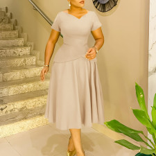 Plus Size Solid Color V Neck Midi Dress GMLF-3330