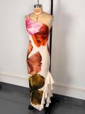 Single Shoulder Ruffles Patchwork Print Maxi Dress GWDS-250401