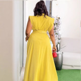Plus Size Solid Color Lapel Sleeveless Split Maxi Dress  NY-3616