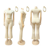 Solid Color Short Sleeve Sport Flare Pants Suit SFY-715