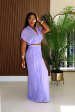 Solid Color V Neck Loose Two Piece Pant Set XHXF-8722