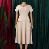 Plus Size Solid Color V Neck Midi Dress GMLF-3330