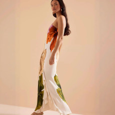 Single Shoulder Ruffles Patchwork Print Maxi Dress GWDS-250401