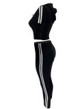 Short Sleeve Stripe Sport Two Piece Pants Suit LS-0416
