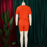 Plus Size Solid Color Short Sleeve Two Piece Shorts Set GMLF-3332