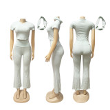 Solid Color Short Sleeve Sport Flare Pants Suit SFY-715