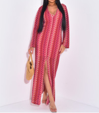 Knits Print Beach Long Sleeve Maxi Dress LS-0419