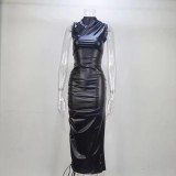 Solid Color PU Leather Sleeveless Maxi Dress GPBY-14369