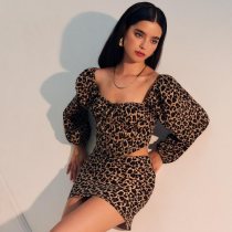 Leopard Print Bubble Sleeve Mini Dress YH-6017