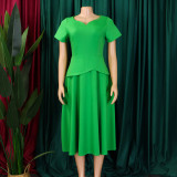 Plus Size Solid Color V Neck Midi Dress GMLF-3330
