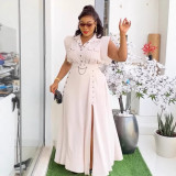 Plus Size Solid Color Lapel Sleeveless Split Maxi Dress  NY-3616