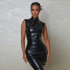 Solid Color PU Leather Sleeveless Maxi Dress GPBY-14369
