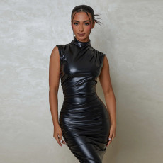 Solid Color PU Leather Sleeveless Maxi Dress GPBY-14369
