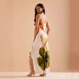 Single Shoulder Ruffles Patchwork Print Maxi Dress GWDS-250401