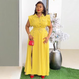 Plus Size Solid Color Lapel Sleeveless Split Maxi Dress  NY-3616