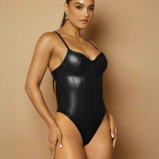 Solid Color PU Leather Sport Bodysuit GPBY-972