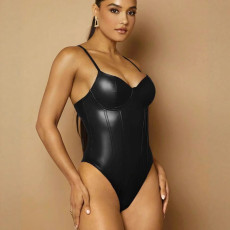 Solid Color PU Leather Sport Bodysuit GPBY-972