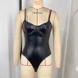 Solid Color PU Leather Sport Bodysuit GPBY-972