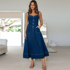 Casual Sling Denim Loose Maxi Dress GDAM-218691