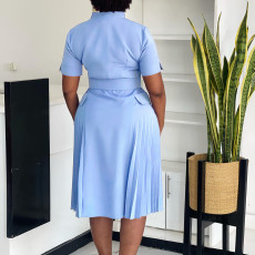 Plus Size V Neck Press Pleated Midi Dress GATE-584