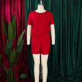Plus Size Solid Color Short Sleeve Two Piece Shorts Set GMLF-3332