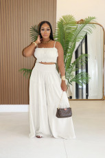 Solid Color Pleated TanK Top Wide Leg Pants Suit XHXF-8720