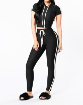 Short Sleeve Stripe Sport Two Piece Pants Suit LS-0416