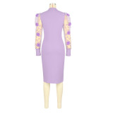 Embroidered Petal Mesh Sleeve Midi Dress ASL-6797