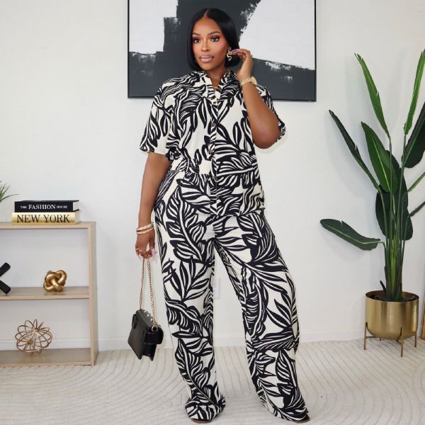Print Lapel Short Sleeve Wide Leg Pants 2 Piece Set SFY-742