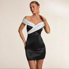Black White Color Block Off Shoulder Mini Dress GYSD-83564