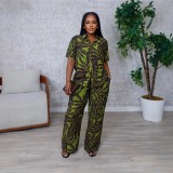 Print Lapel Short Sleeve Wide Leg Pants 2 Piece Set SFY-742