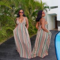 Colorful Stripe Print Tie Up Maxi Dress SFY-750