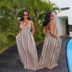 Colorful Stripe Print Tie Up Maxi Dress SFY-750