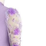 Embroidered Petal Mesh Sleeve Midi Dress ASL-6797