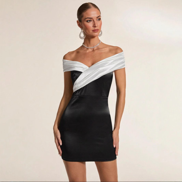 Black White Color Block Off Shoulder Mini Dress GYSD-83564