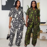 Print Lapel Short Sleeve Wide Leg Pants 2 Piece Set SFY-742