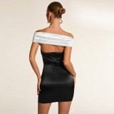 Black White Color Block Off Shoulder Mini Dress GYSD-83564