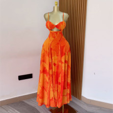 Print Sling Hollow Out Backless Maxi Dress GMSF-SU9205