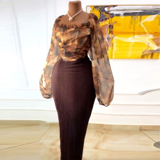 Square Neck Lantern Sleeve Shirt Half Body Skirt Two Piece Set GMSF-SU9132