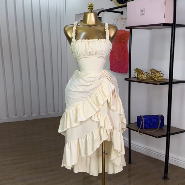 Solid Color Ruffles Irregular Sling Long Dress GMSF-SU9226