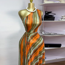 Stripe Print Slash Shoulder Maxi Dress GMSF-SU9154