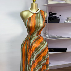 Stripe Print Slash Shoulder Maxi Dress GMSF-SU9154