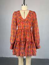 Print V Neck Long Seeve Mini Dress GMSF-SU9138