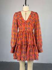 Print V Neck Long Seeve Mini Dress GMSF-SU9138