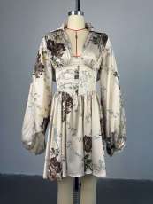 Print V Neck Lantern Sleeve Mini Dress GMSF-SU9129