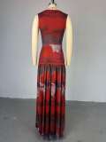 O Neck Print Sleeveless Split Maxi Dress GMSF-SU9169