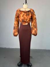 Square Neck Lantern Sleeve Shirt Half Body Skirt Two Piece Set GMSF-SU9132