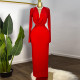 Stacked Neck Solid Long Sleeve Maxi Dress GMSF-SU72151