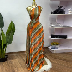 Stripe Print Slash Shoulder Maxi Dress GMSF-SU9154